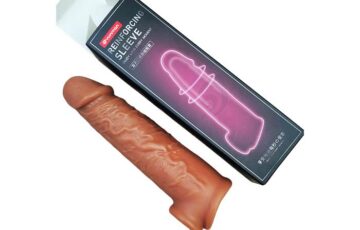 Love Lock condom LC07-BIG, brown reusable silicone sleeve with vein texture beside its package