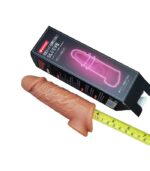 Brown realistic reusable silicone sleeve beside measuring tape and product box