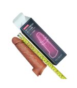Full length of brown Lock Love reusable silicone sleeve measured beside retail box