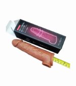 Brown Lock Love reusable silicone sleeve length shown with measuring tape and package