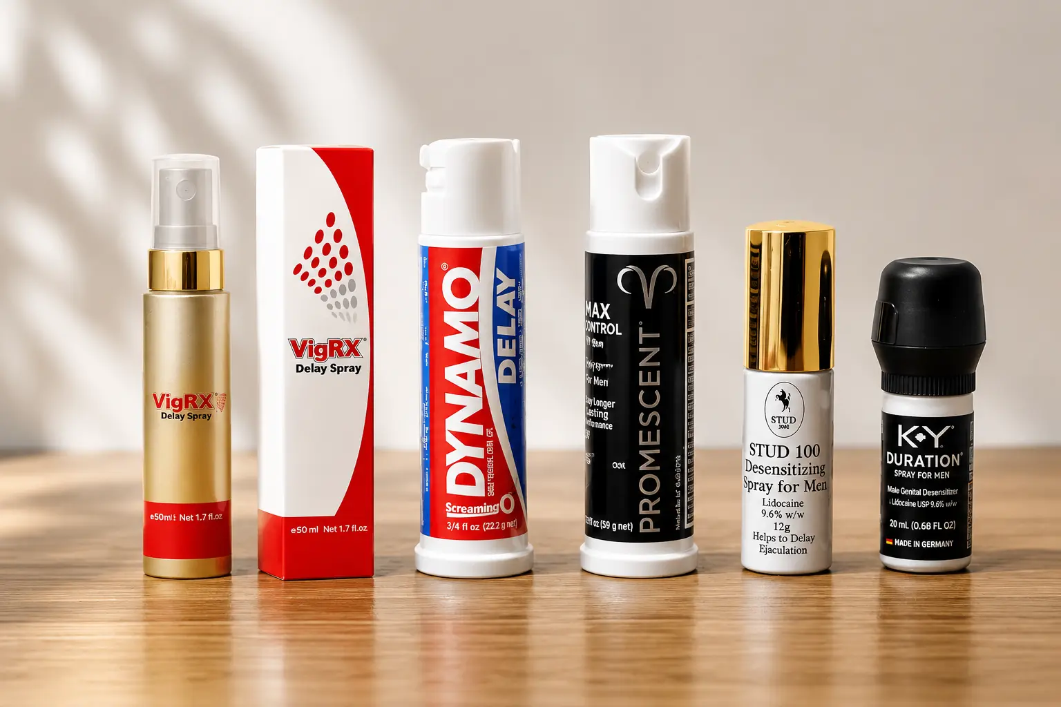 Comparison of original delay sprays in Bangladesh including Promescent, Stud 100, K-Y Duration, Dynamo, and VigRX.