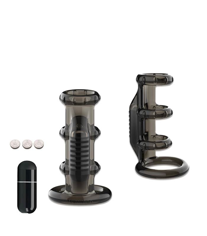 Black multi-ring vibrating cock ring with bullet vibrator and batteries